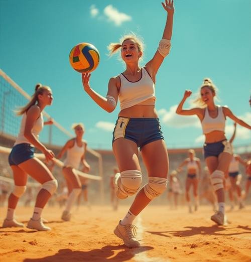 Exciting volleyball game in action on a colorful court