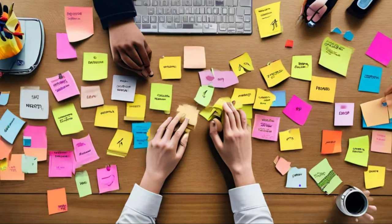 Creative desk with colorful sticky notes and hands arranging them, symbolizing brainstorming for Project team names