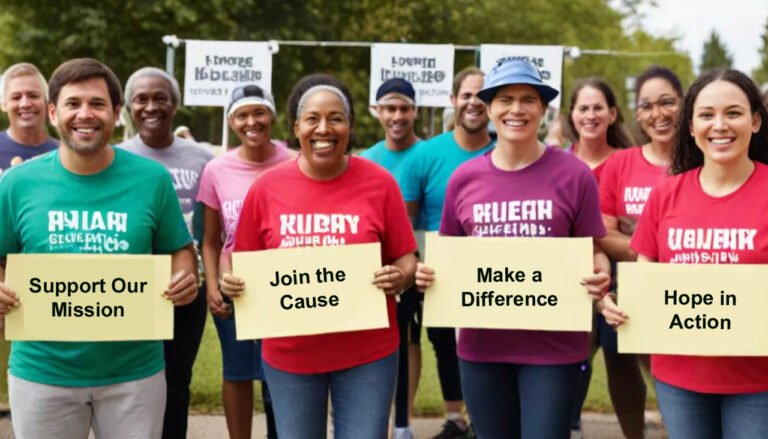 Group of enthusiastic fundraising team members in matching shirts at a charity event